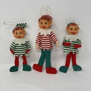 Vtg Christmas Pixie Elves Elf MCM Knee Hugger Bendable Ornament Japan Lot Of 3